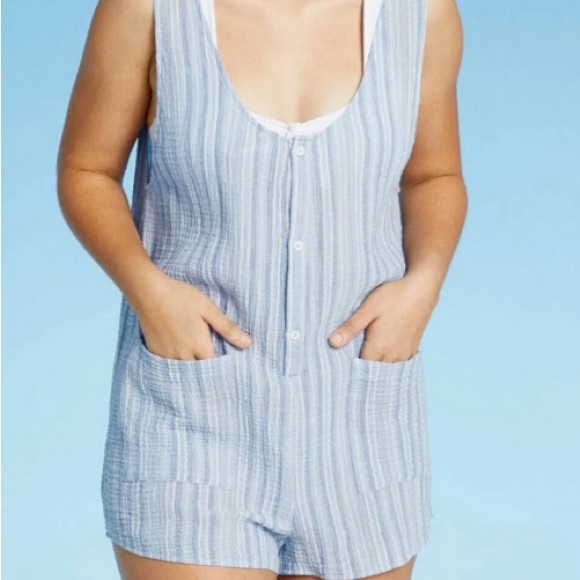 blue romper overalls y2k summer fashion mini dress bottoms cute sleeveless top - Picture 2 of 9